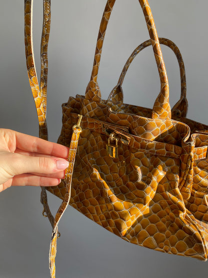 Silvia Astore Echtleder Handtasche gelb-braun Schlange Stil Bag