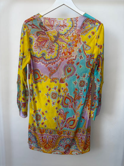 Bunt gemusterte Tunika mit Ornamenten in lila/gelb, S-M