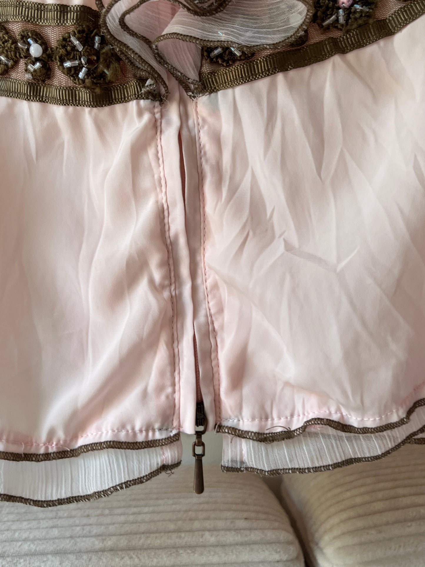Retro Volant Bluse 3/4 Arm in rosa braun mit Zierbordüre, L