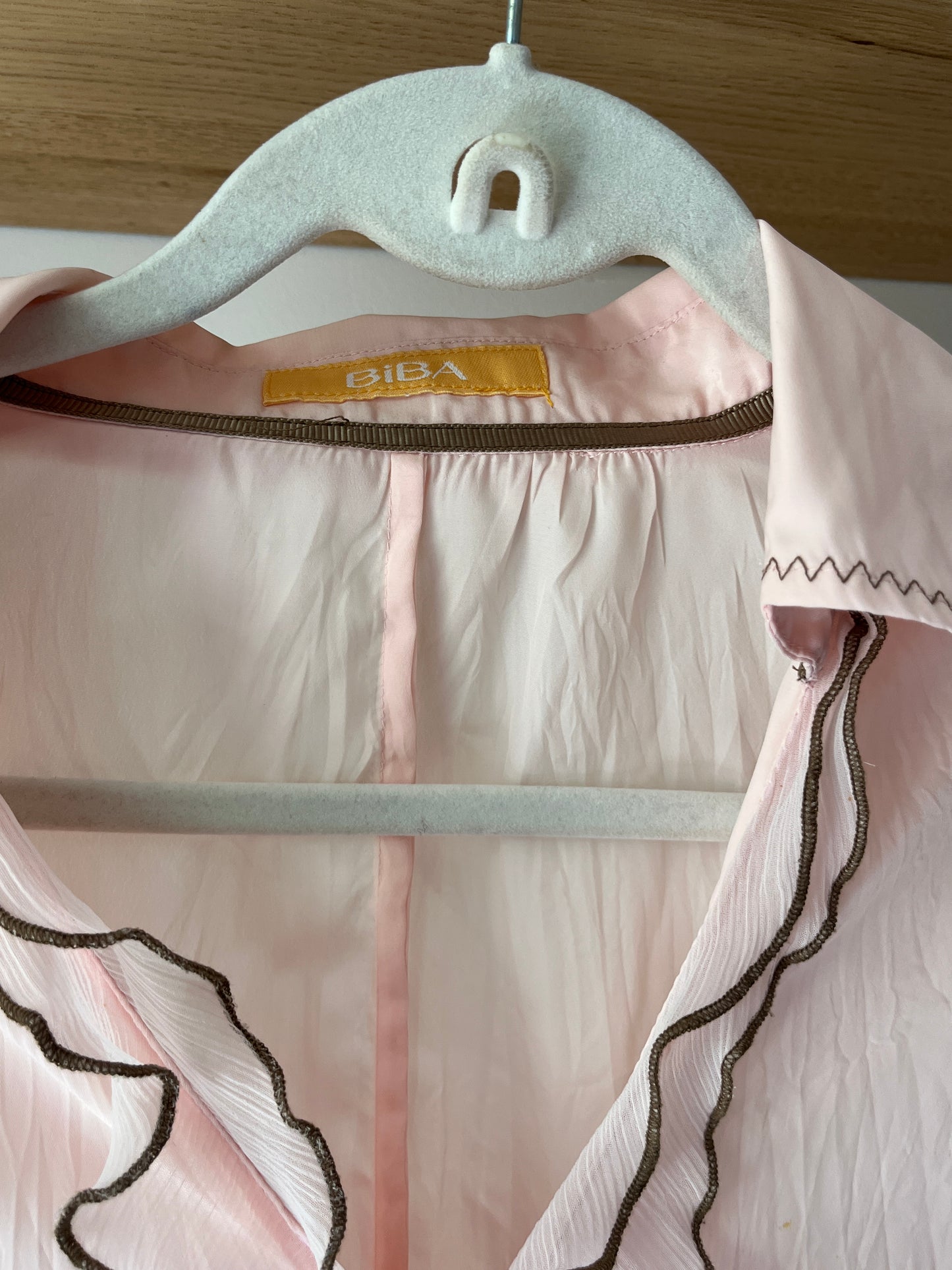 Retro Volant Bluse 3/4 Arm in rosa braun mit Zierbordüre, L