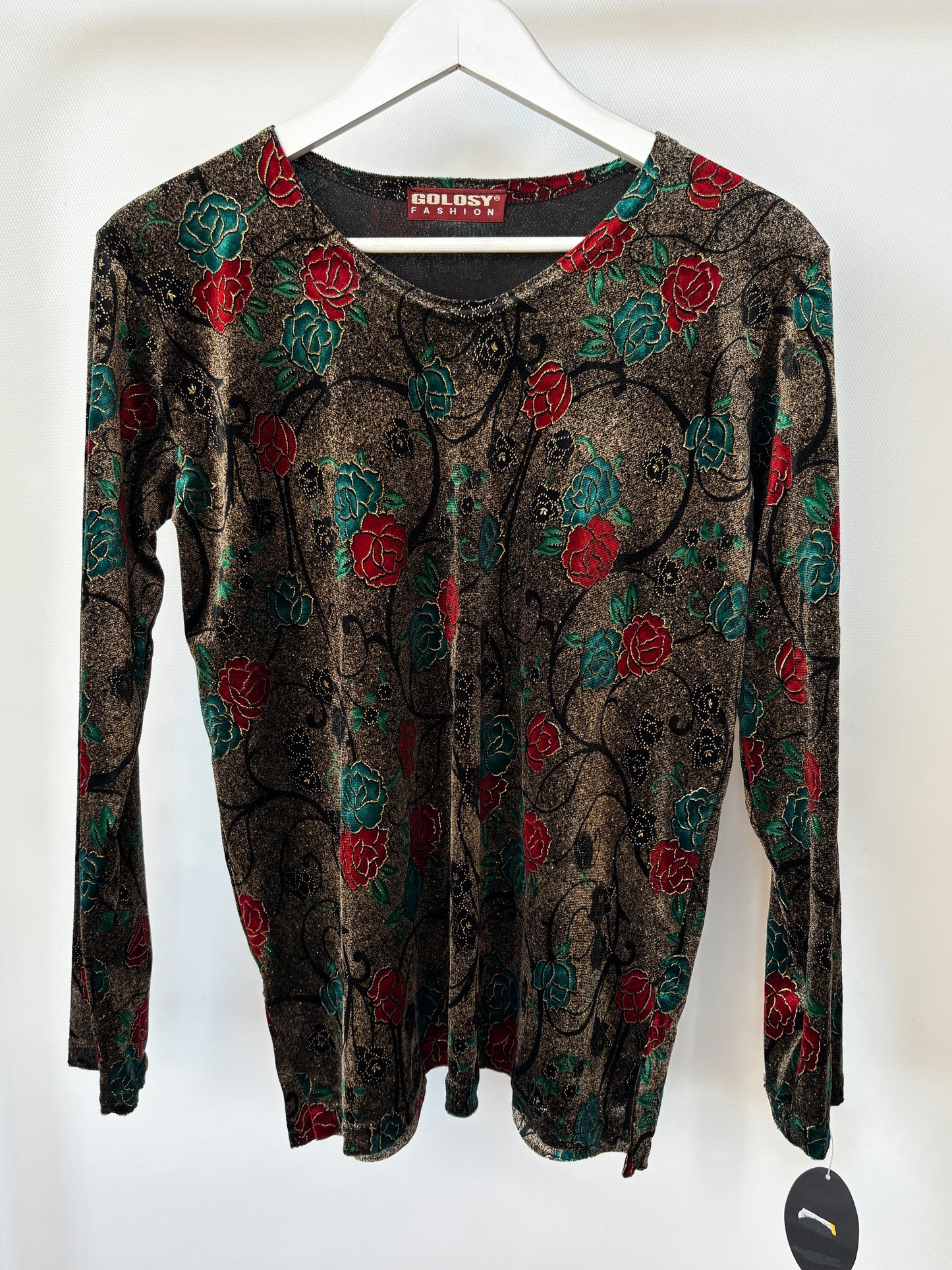 Vintage Samt Shirt "Golosy" in metallisch glänzend braun mit rot grün floralem Muster, M
