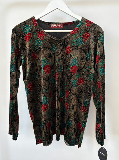 Vintage Samt Shirt "Golosy" in metallisch glänzend braun mit rot grün floralem Muster, M