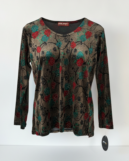 Vintage Samt Shirt "Golosy" in metallisch glänzend braun mit rot grün floralem Muster, M