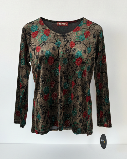 Vintage Samt Shirt "Golosy" in metallisch glänzend braun mit rot grün floralem Muster, M