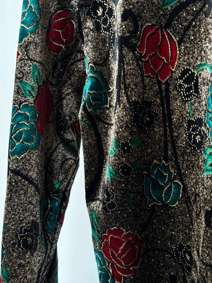 Vintage Samt Shirt "Golosy" in metallisch glänzend braun mit rot grün floralem Muster, M