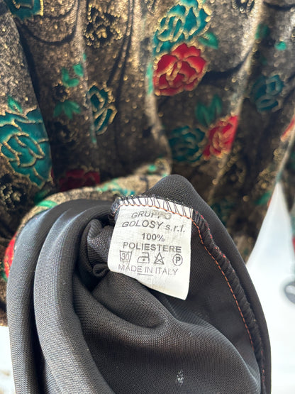 Vintage Samt Shirt "Golosy" in metallisch glänzend braun mit rot grün floralem Muster, M