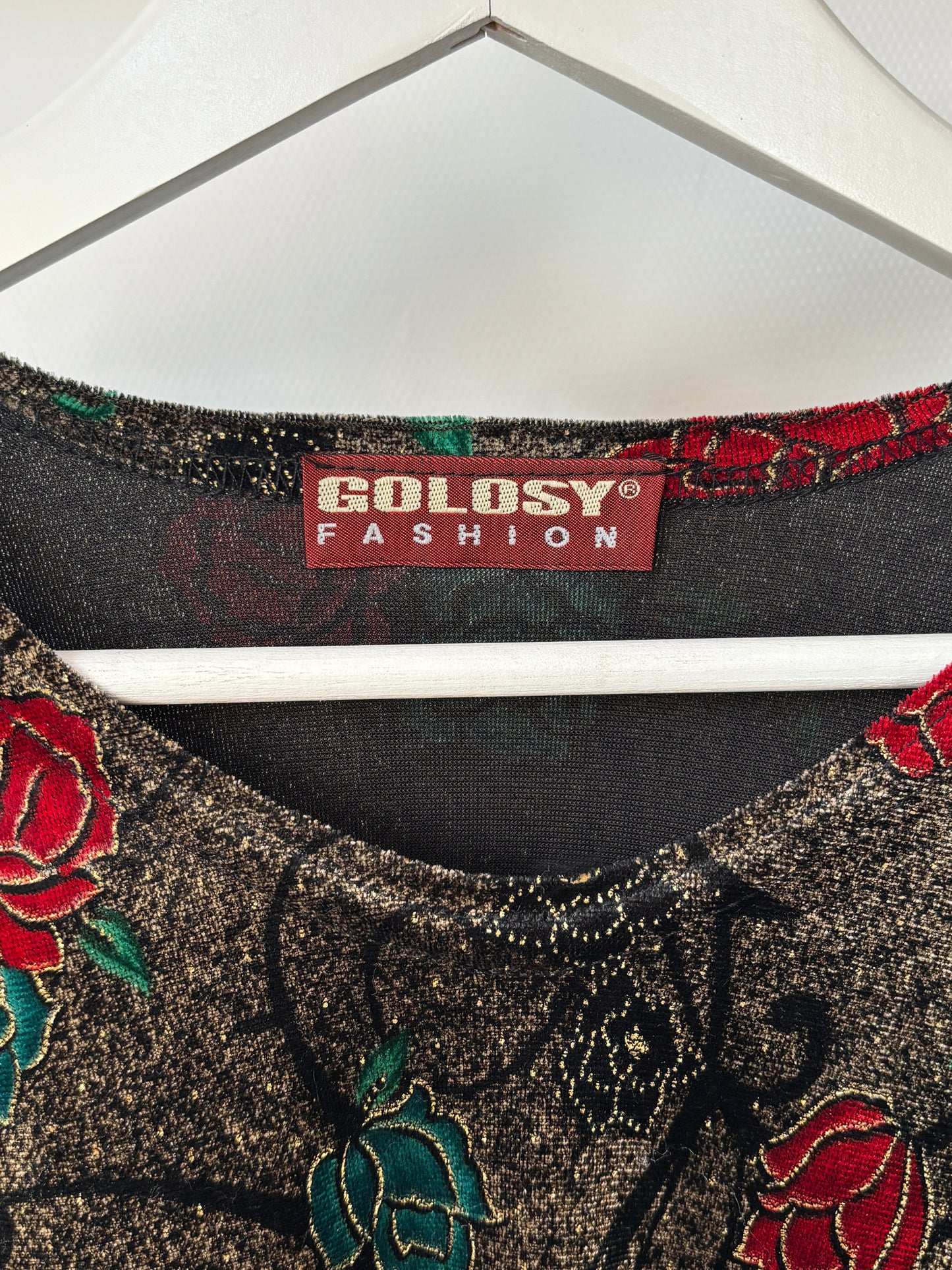 Vintage Samt Shirt "Golosy" in metallisch glänzend braun mit rot grün floralem Muster, M