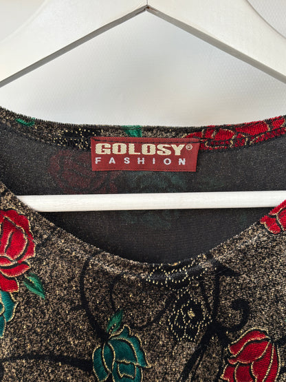 Vintage Samt Shirt "Golosy" in metallisch glänzend braun mit rot grün floralem Muster, M