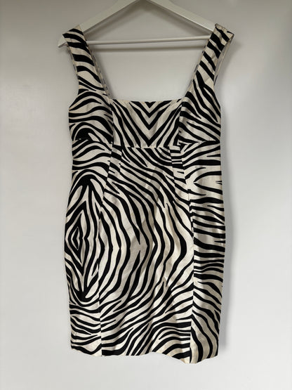 club monaco: Zebra Animal Print Minikleid mit Taschen aus Seide und Baumwolle, M-L