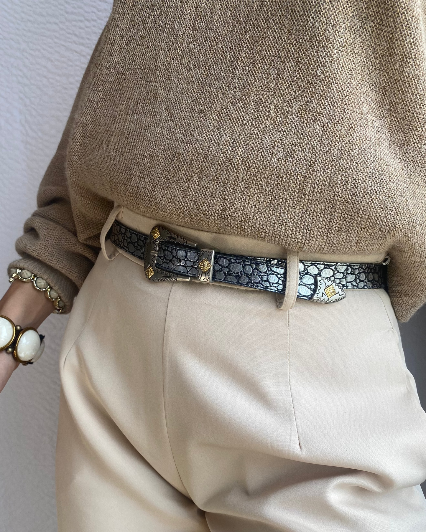 Schlangenoptik Gürtel in silber-schwarz, schmal, verziert, TW 75