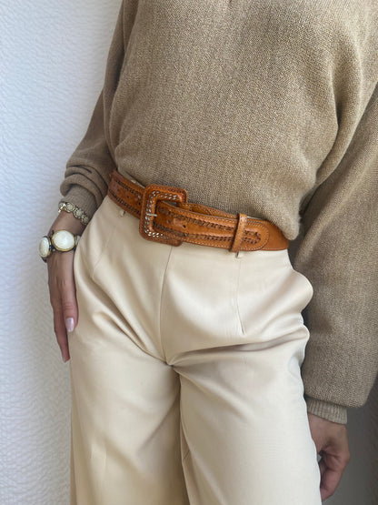 Vintage Ledergürtel cognac-braun mit Verzierung, TW 70 - 75