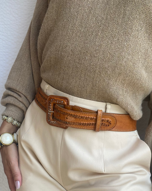 Vintage Ledergürtel cognac-braun mit Verzierung, TW 70 - 75