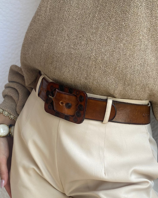 Rustikaler Ledergürtel mit Handwerk-Schnalle, dunkelbraun, TW 80