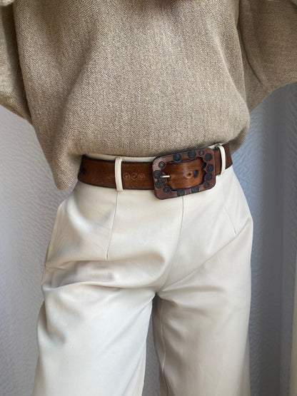 Rustikaler Ledergürtel mit Handwerk-Schnalle, dunkelbraun, TW 80