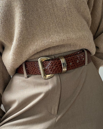 Schlangenoptik Ledergürtel in Kastanienbraun mit Goldschnalle, TW 80