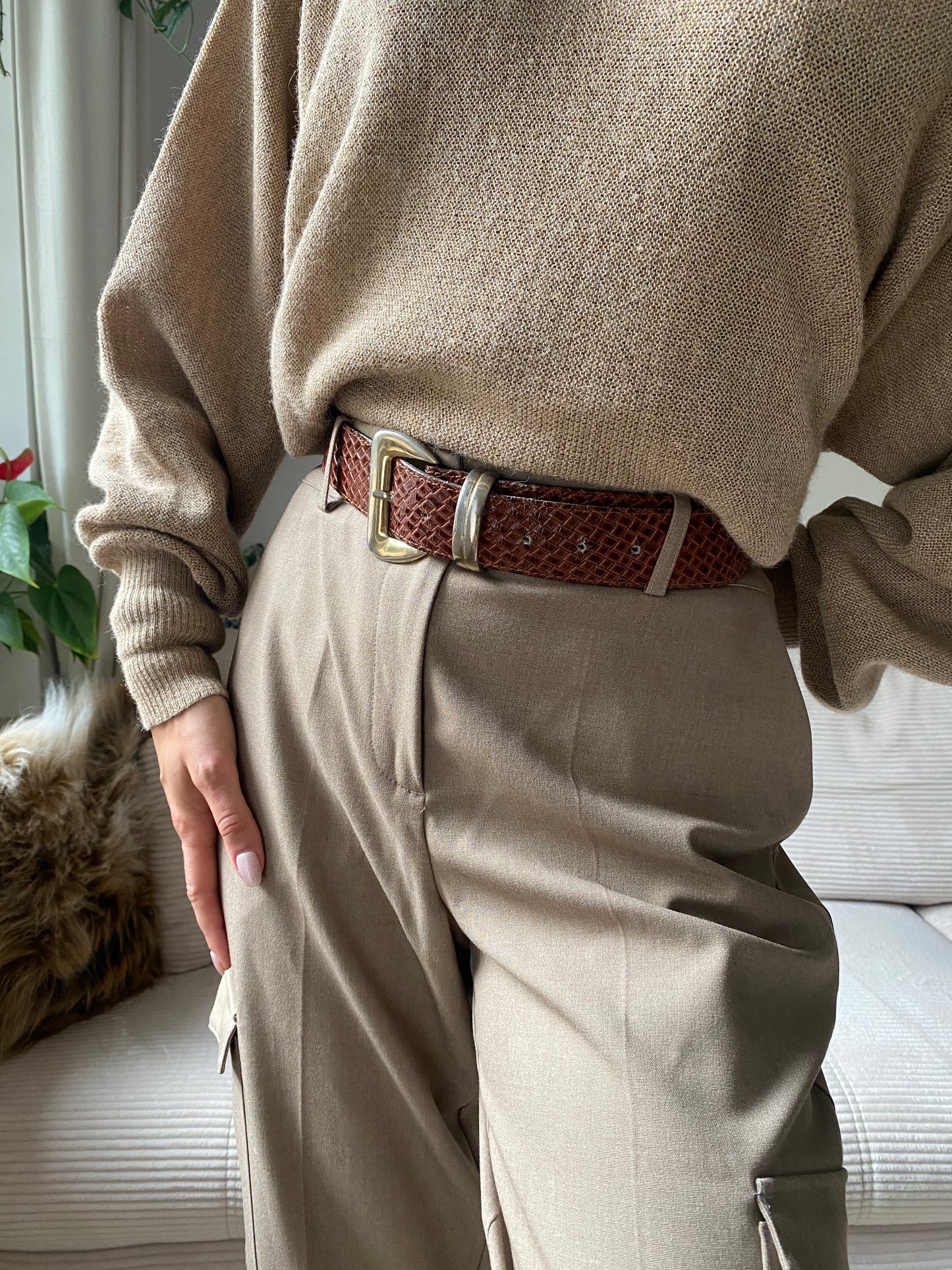 Schlangenoptik Ledergürtel in Kastanienbraun mit Goldschnalle, TW 80