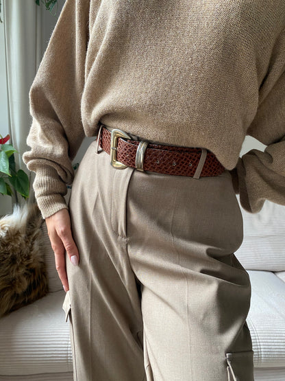 Schlangenoptik Ledergürtel in Kastanienbraun mit Goldschnalle, TW 80