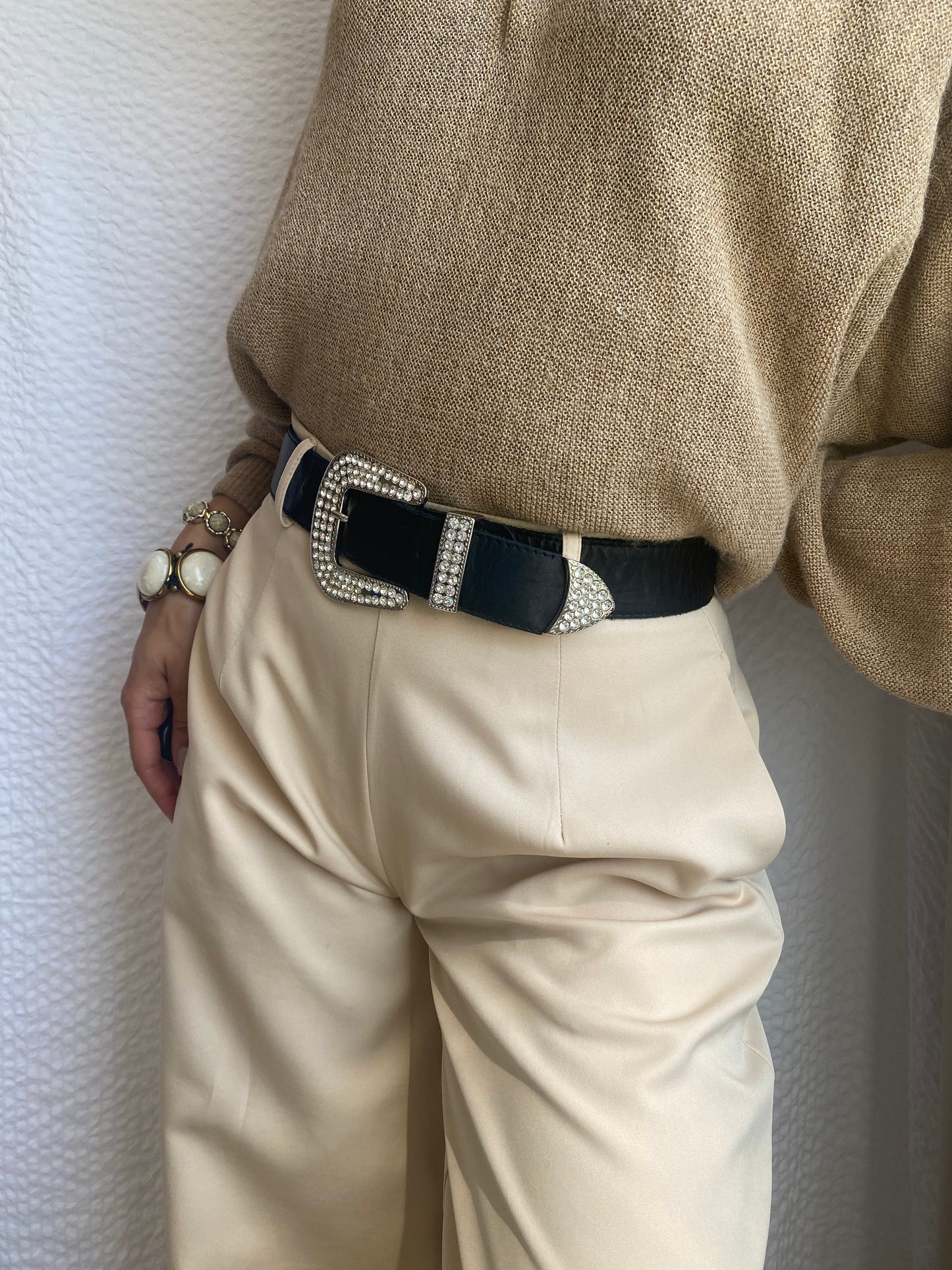 Vintage Strass-Steine Glitzer Gürtel in schwarz aus Leder, TW 80