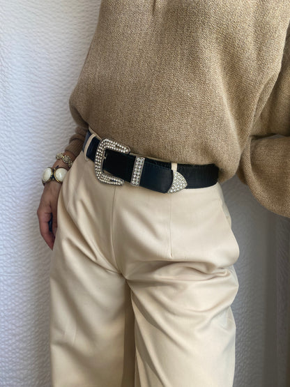 Vintage Strass-Steine Glitzer Gürtel in schwarz aus Leder, TW 80