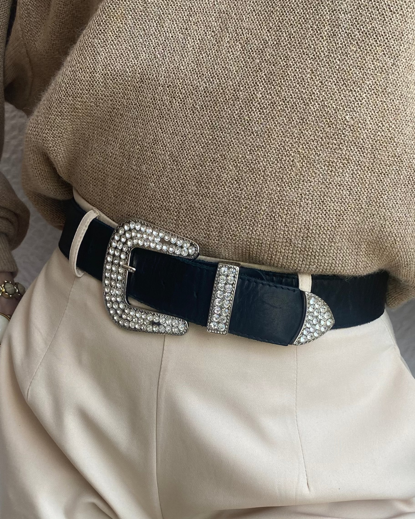 Vintage Strass-Steine Glitzer Gürtel in schwarz aus Leder, TW 80