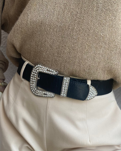 Vintage Strass-Steine Glitzer Gürtel in schwarz aus Leder, TW 80