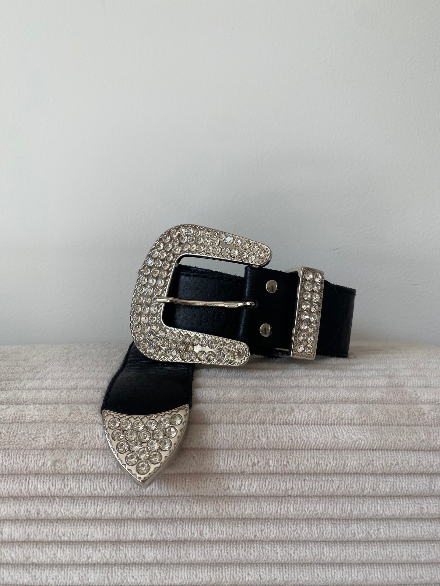 Vintage Strass-Steine Glitzer Gürtel in schwarz aus Leder, TW 80