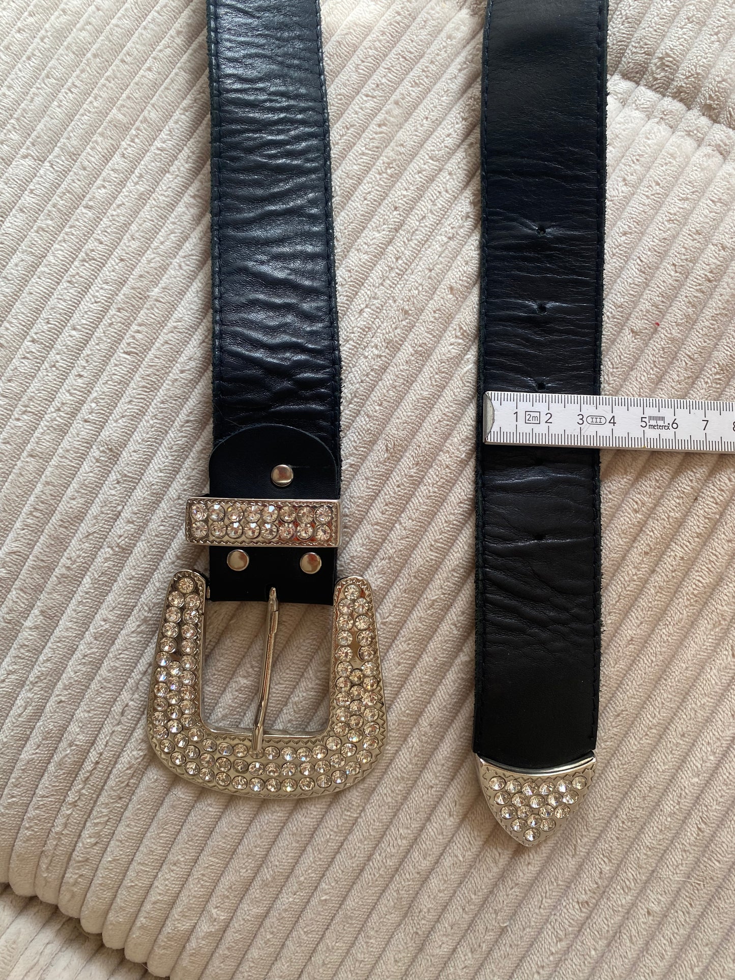 Vintage Strass-Steine Glitzer Gürtel in schwarz aus Leder, TW 80