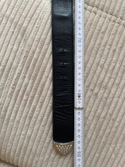 Vintage Strass-Steine Glitzer Gürtel in schwarz aus Leder, TW 80