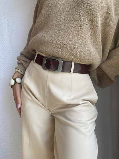 Bordeaux Echtledergürtel mit breiter Silber-Metall-Schnalle, TW 85