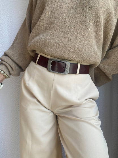 Bordeaux Echtledergürtel mit breiter Silber-Metall-Schnalle, TW 85