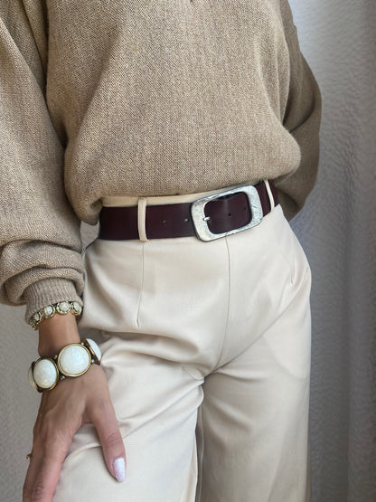 Bordeaux Echtledergürtel mit breiter Silber-Metall-Schnalle, TW 85