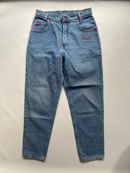 Vintage Sasch Retro Jeans in denim blau mit Stickerei Verzierung, M