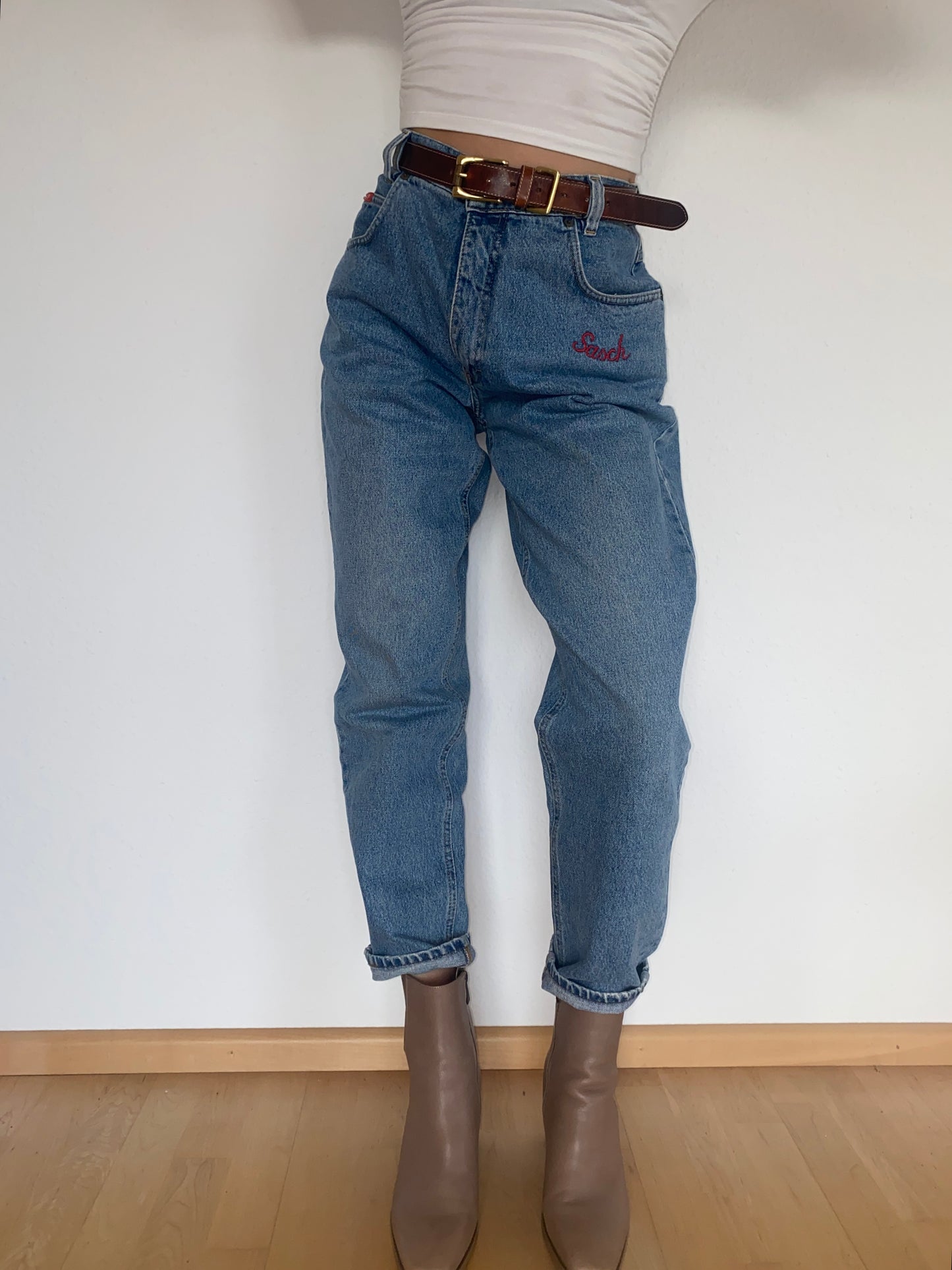 Vintage Sasch Retro Jeans in denim blau mit Stickerei Verzierung, M