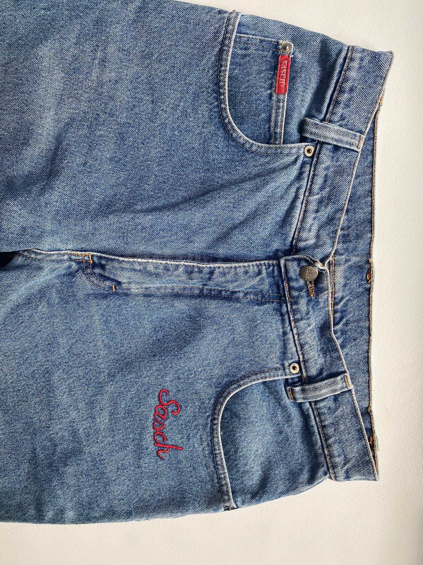 Vintage Sasch Retro Jeans in denim blau mit Stickerei Verzierung, M