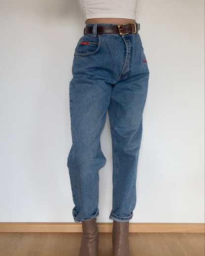 Vintage Sasch Retro Jeans in denim blau mit Stickerei Verzierung, M