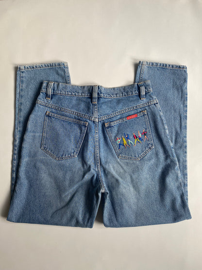 Vintage Sasch Retro Jeans in denim blau mit Stickerei Verzierung, M