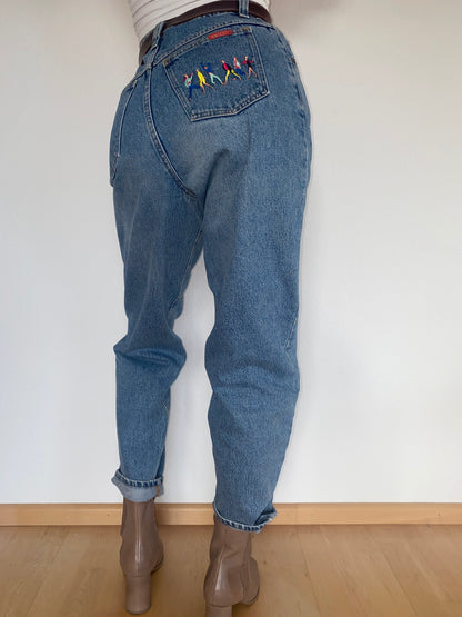 Vintage Sasch Retro Jeans in denim blau mit Stickerei Verzierung, M