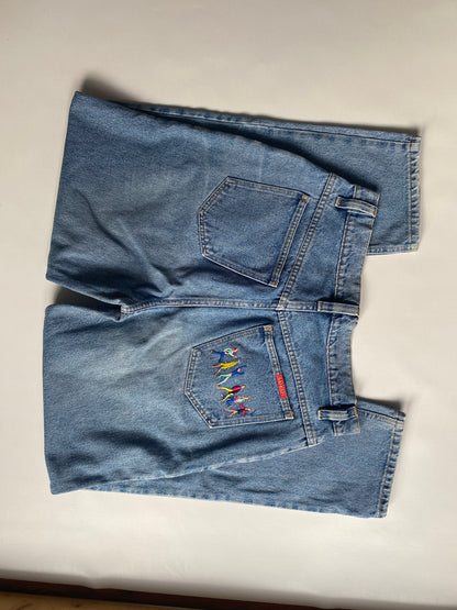 Vintage Sasch Retro Jeans in denim blau mit Stickerei Verzierung, M