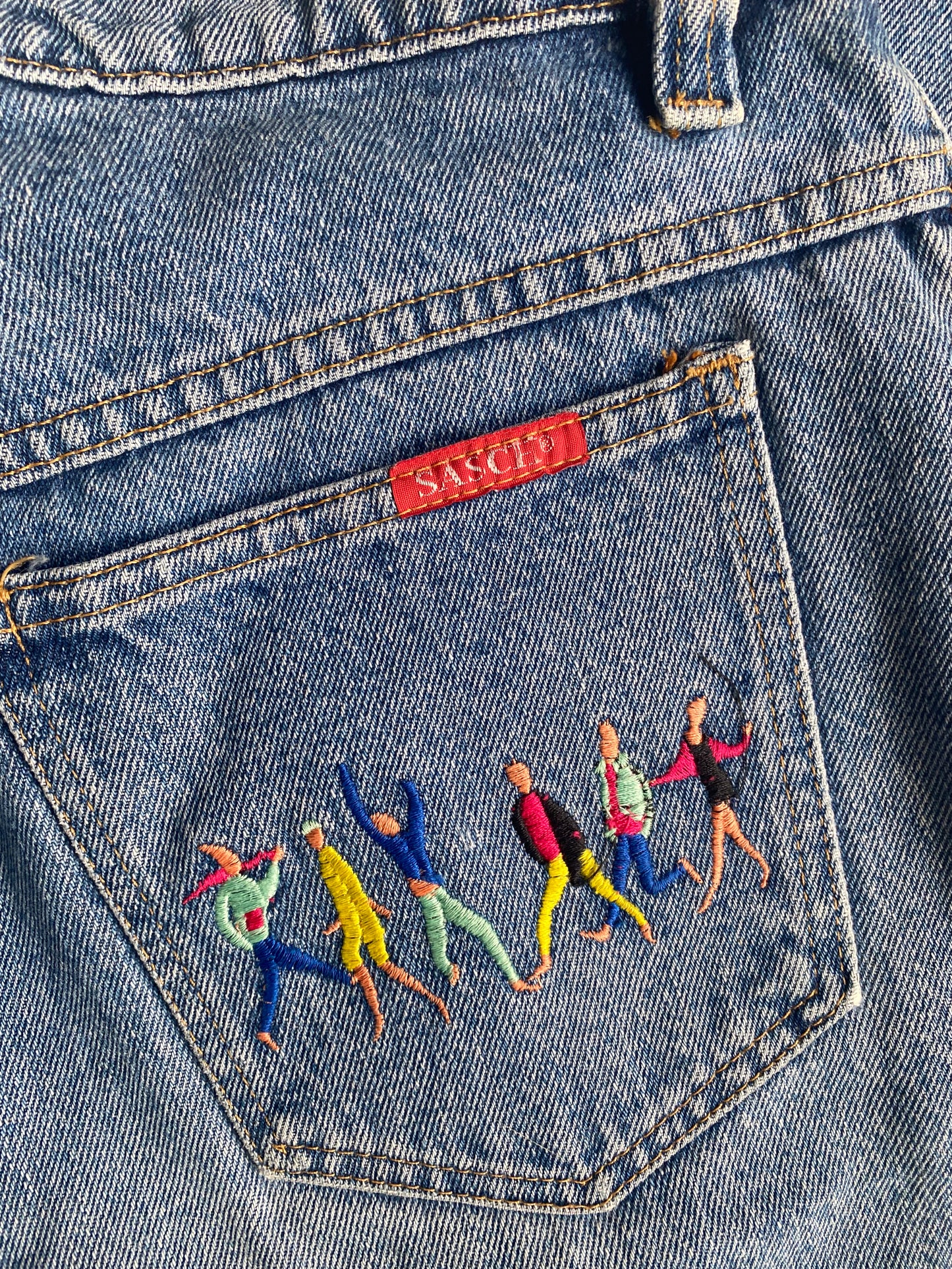 Vintage Sasch Retro Jeans in denim blau mit Stickerei Verzierung, M