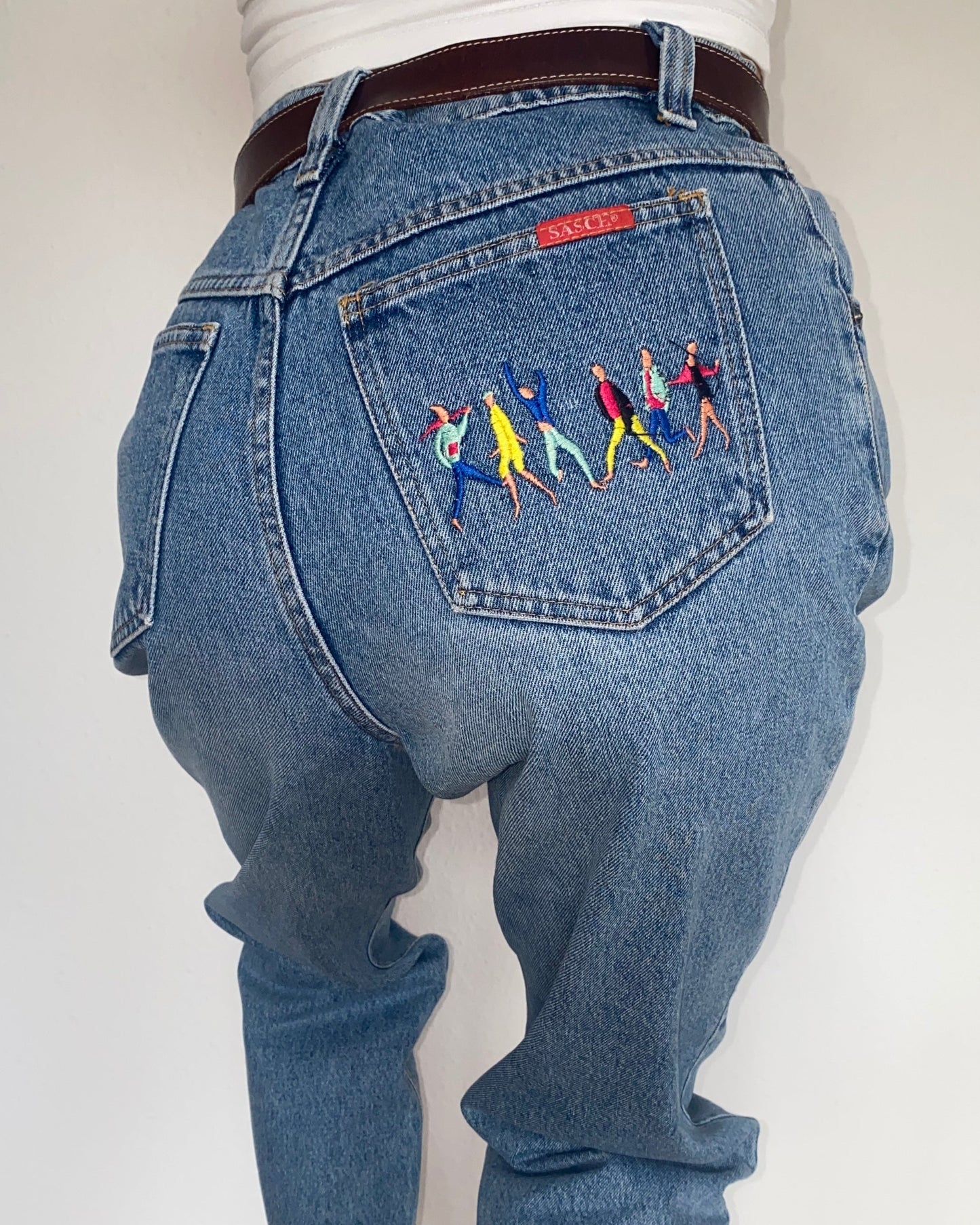 Vintage Sasch Retro Jeans in denim blau mit Stickerei Verzierung, M