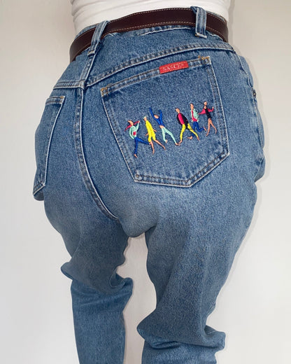 Vintage Sasch Retro Jeans in denim blau mit Stickerei Verzierung, M