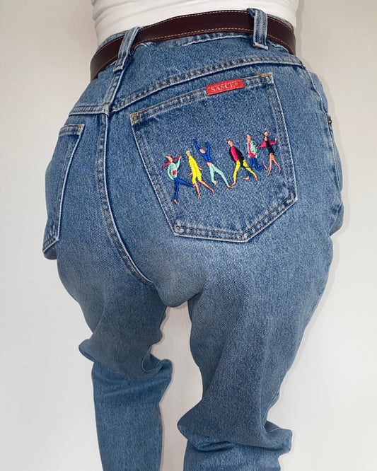 Vintage Sasch Retro Jeans in denim blau mit Stickerei Verzierung, M