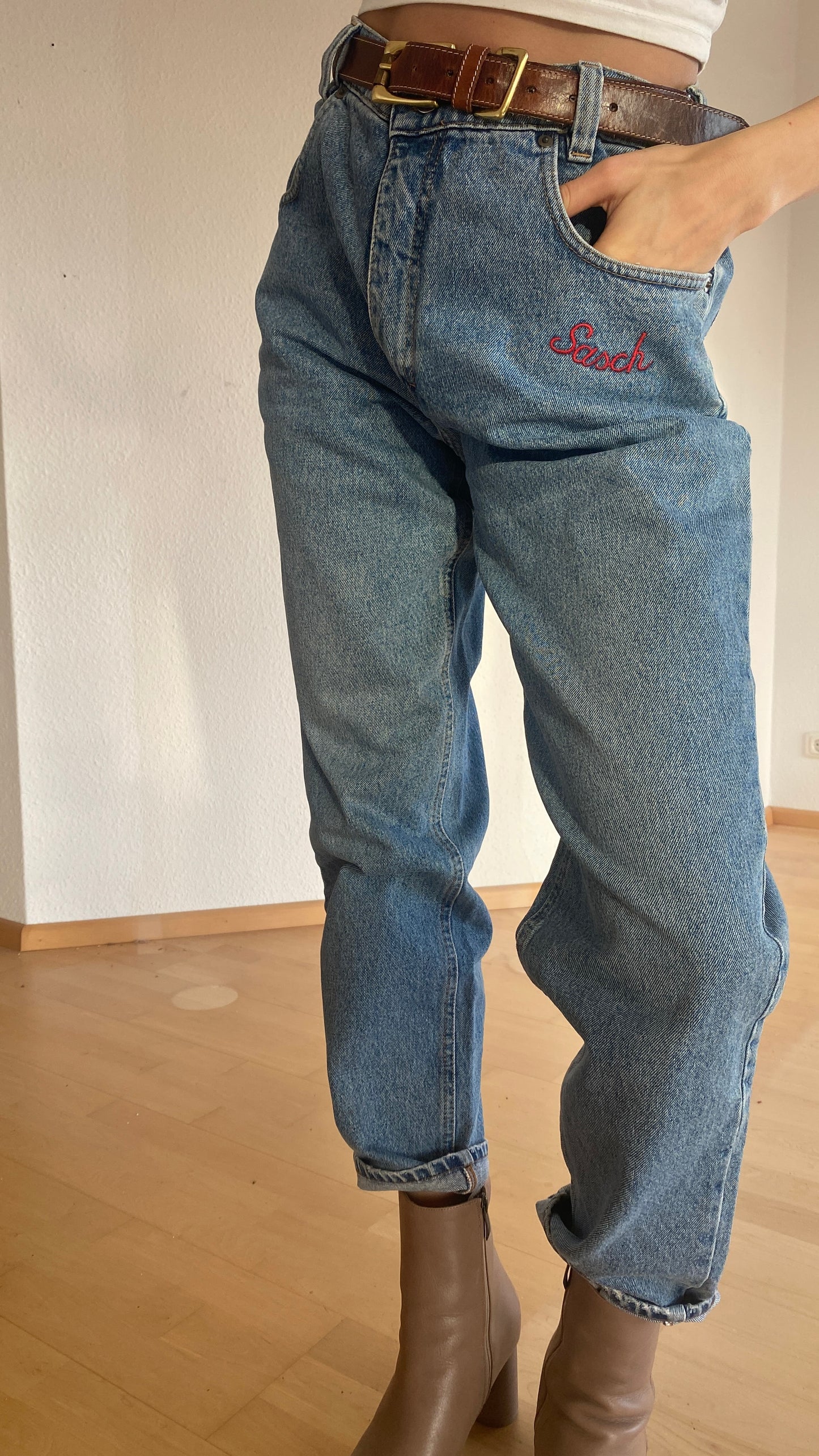 Vintage Sasch Retro Jeans in denim blau mit Stickerei Verzierung, M