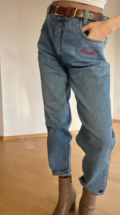 Vintage Sasch Retro Jeans in denim blau mit Stickerei Verzierung, M