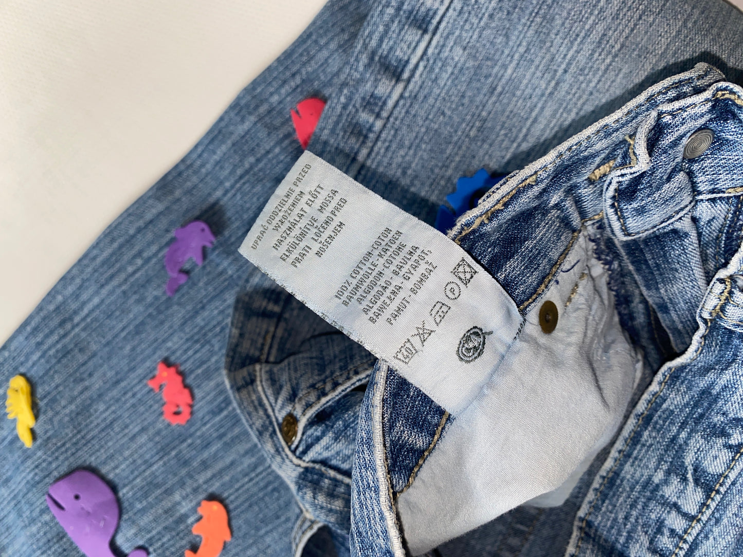 2000er denim Jeans here & there mit bunten 3D-Applikationen, S