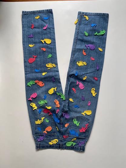 2000er denim Jeans here & there mit bunten 3D-Applikationen, S