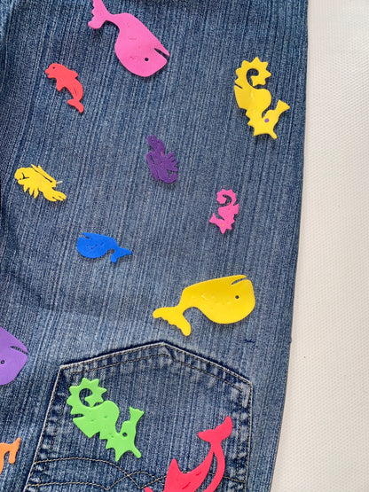 2000er denim Jeans here & there mit bunten 3D-Applikationen, S