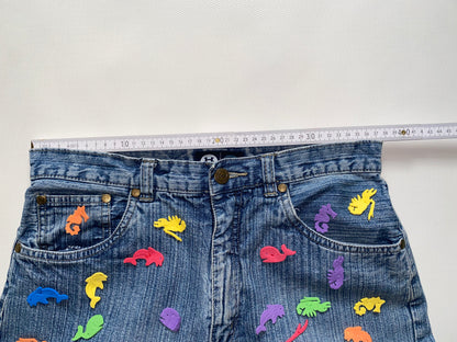 2000er denim Jeans here & there mit bunten 3D-Applikationen, S