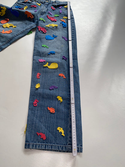 2000er denim Jeans here & there mit bunten 3D-Applikationen, S