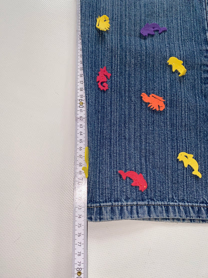 2000er denim Jeans here & there mit bunten 3D-Applikationen, S